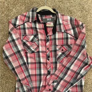 BKE Men’s Pink and Black Plaid Button-Down Shirt
